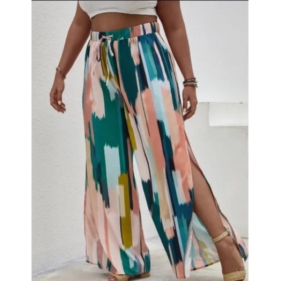 Boho plus size print side slit wide leg palazzo pants - Picture 3 of 5